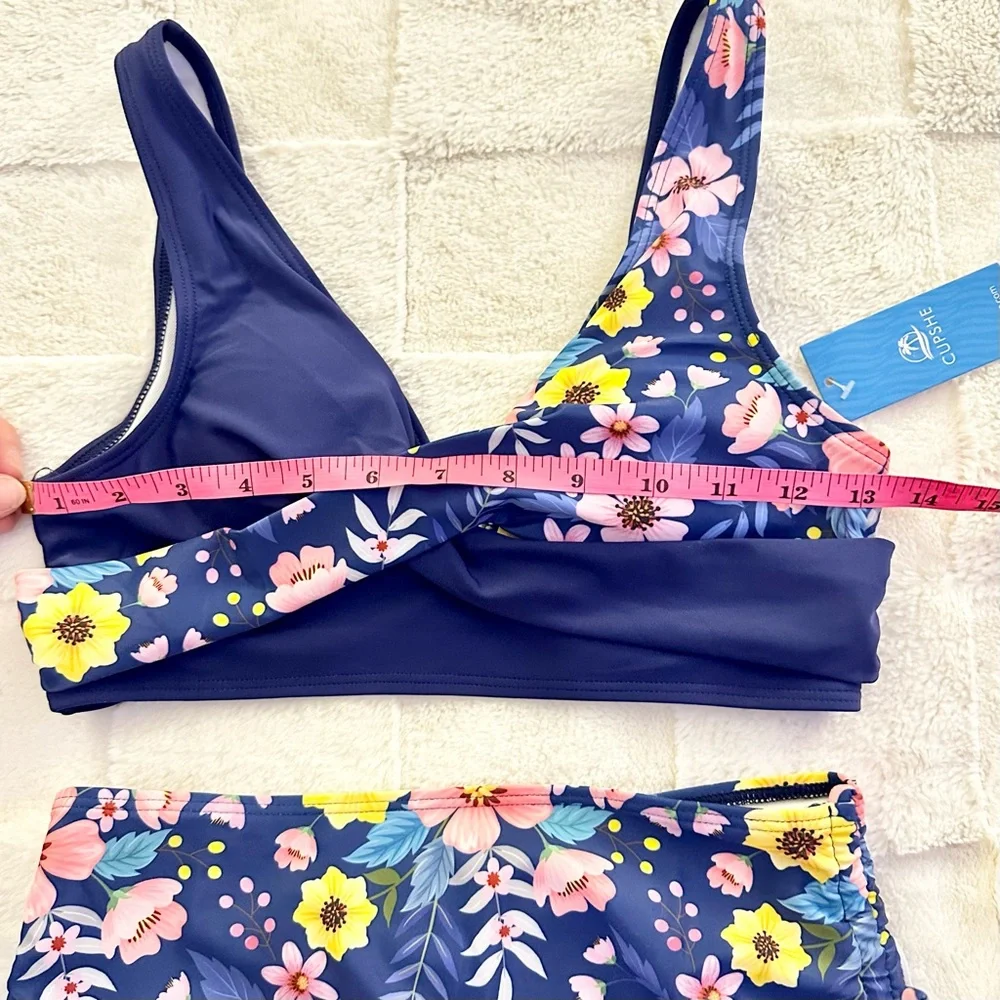 New CUPSHE Ruched Cinch Side Bottom Twist Front Blue Floral Beach Boho Bikini Sm